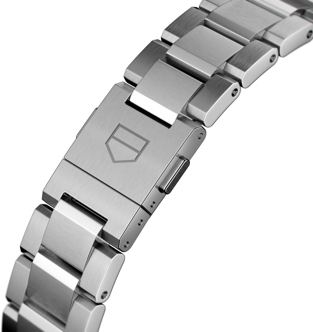 Bracciale dell’orologio TAG Heuer in acciaio con chiusura rettangolare e logo