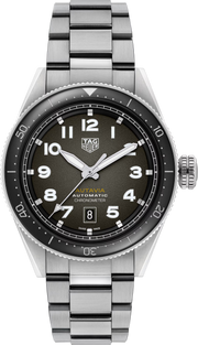 Orologio da uomo TAG Heuer Autavia in acciaio, quadrante nero fumé e lunetta nera girevole