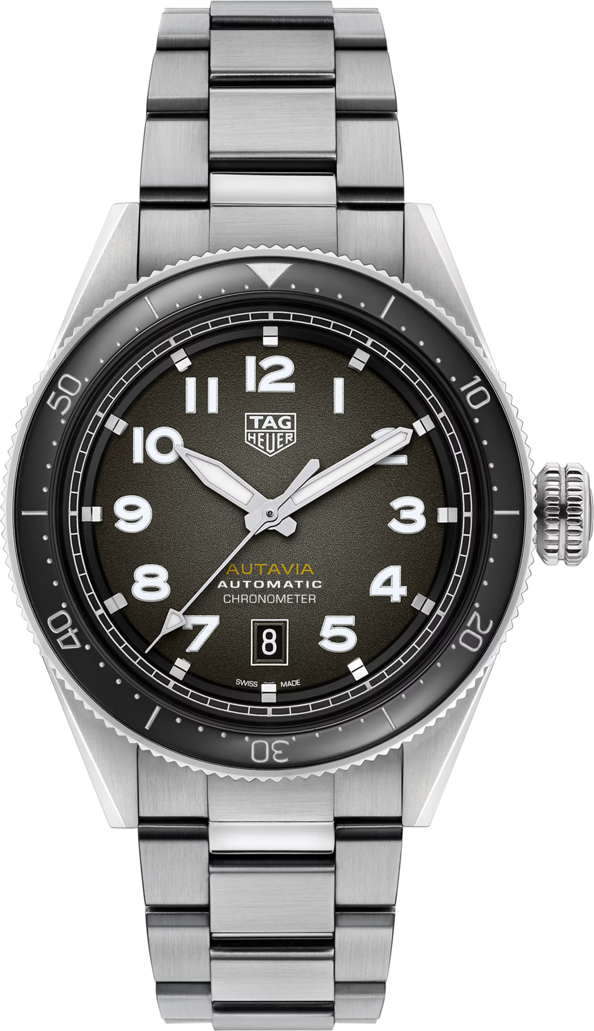 Orologio da uomo TAG Heuer Autavia in acciaio, quadrante nero fumé e lunetta nera girevole