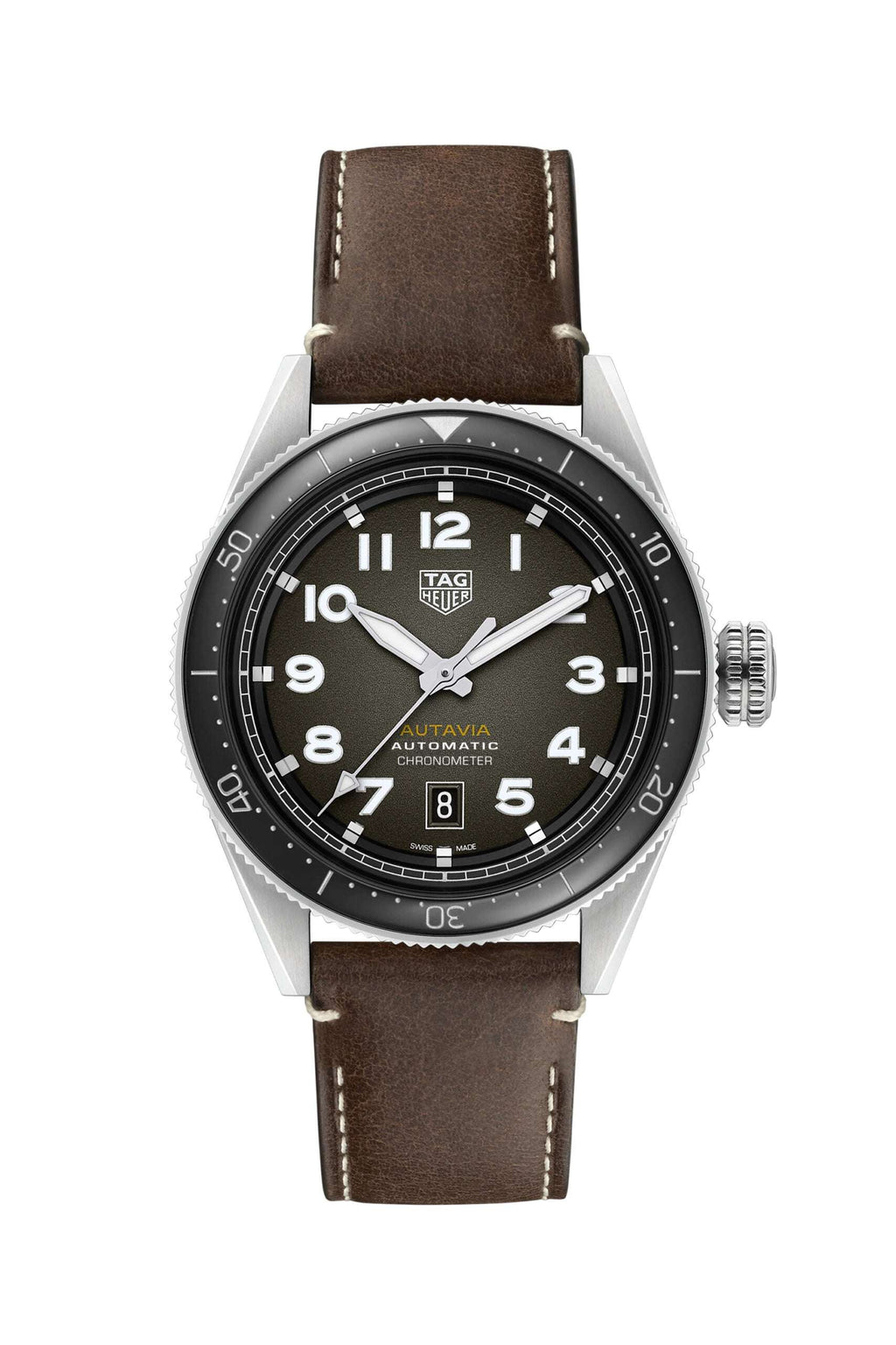 Orologio TAG Heuer Autavia 42 mm con quadrante nero e cinturino in pelle marrone