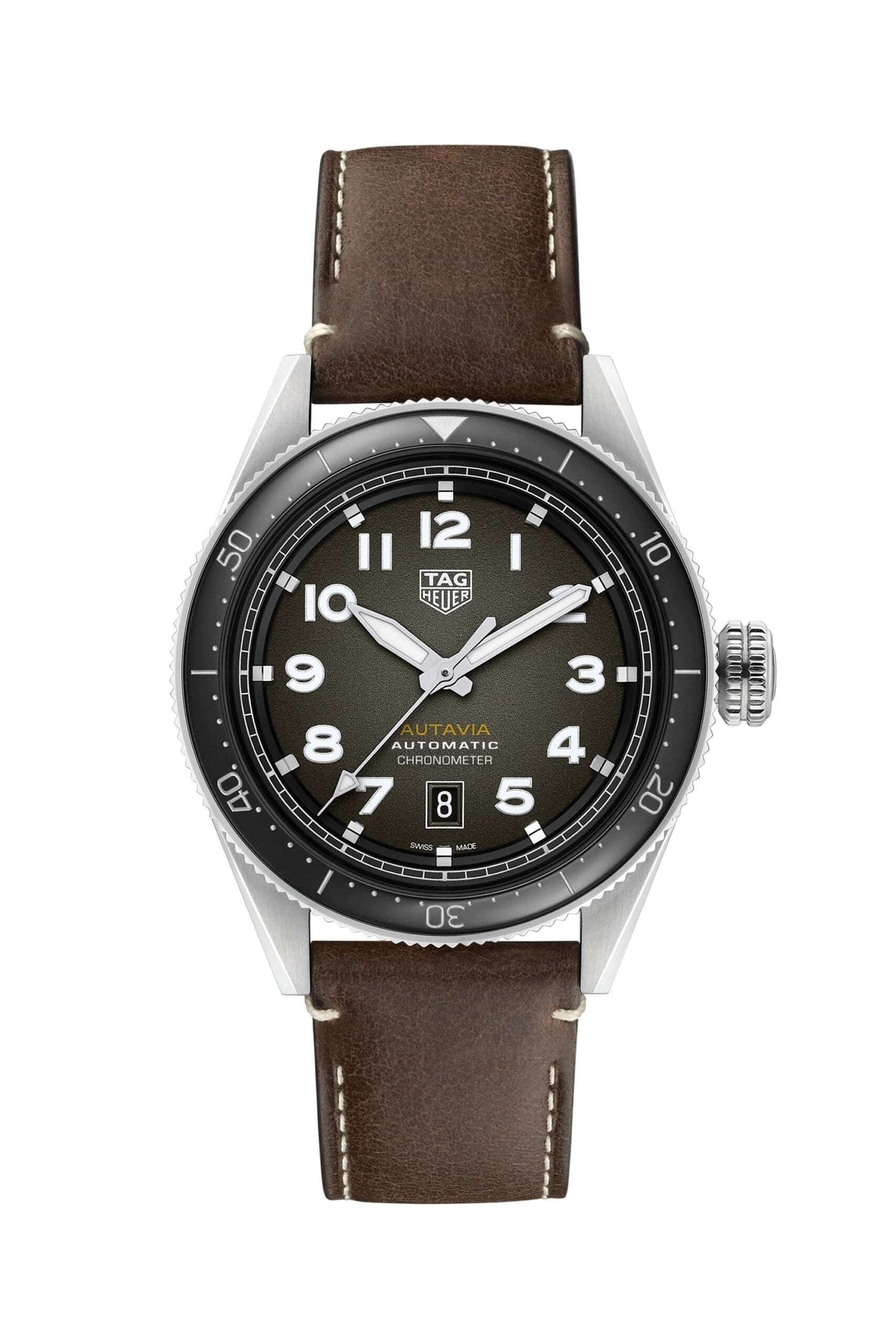Orologio TAG Heuer Autavia 42 mm con quadrante nero e cinturino in pelle marrone