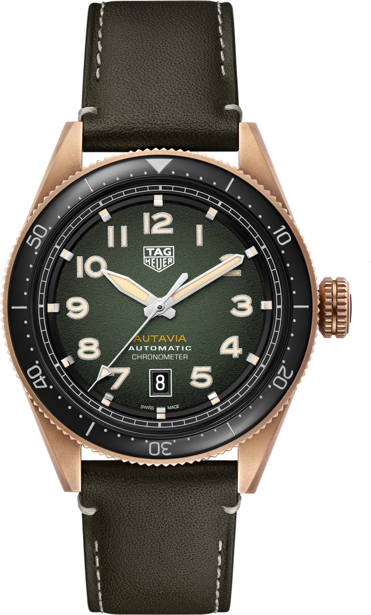 Orologio TAG Heuer con quadrante verde fumé, lunetta nera e cinturino in pelle kaki