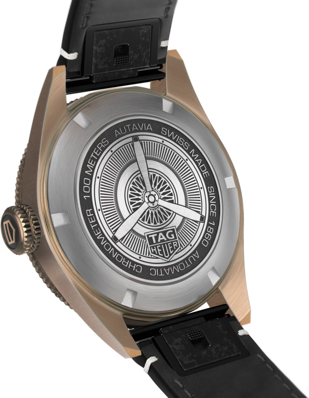 Orologio TAG Heuer bronzo con fondello in metallo e cinturino in pelle scura