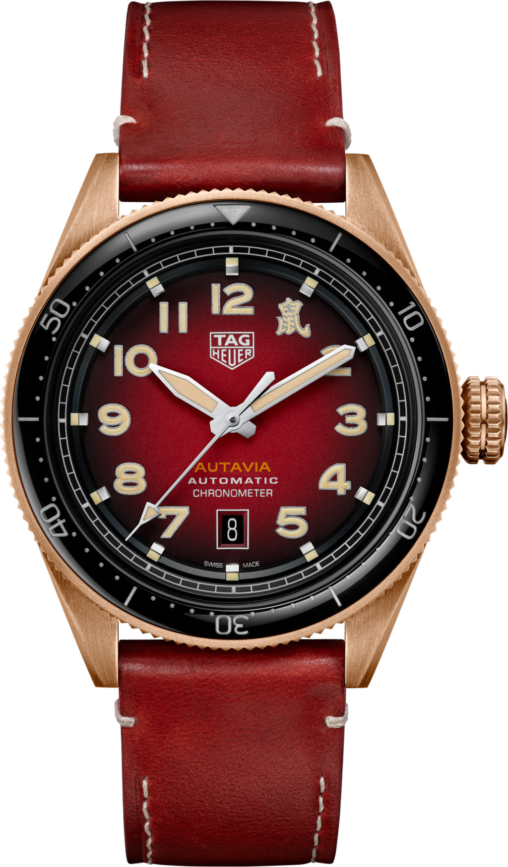 Orologio TAG Heuer con quadrante nero e cinturino in pelle rosso, cassa bronzo