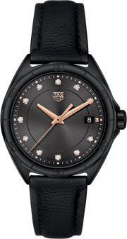 Orologio donna nero TAG Heuer con quadrante nero soleil, 11 diamanti e cinturino in pelle