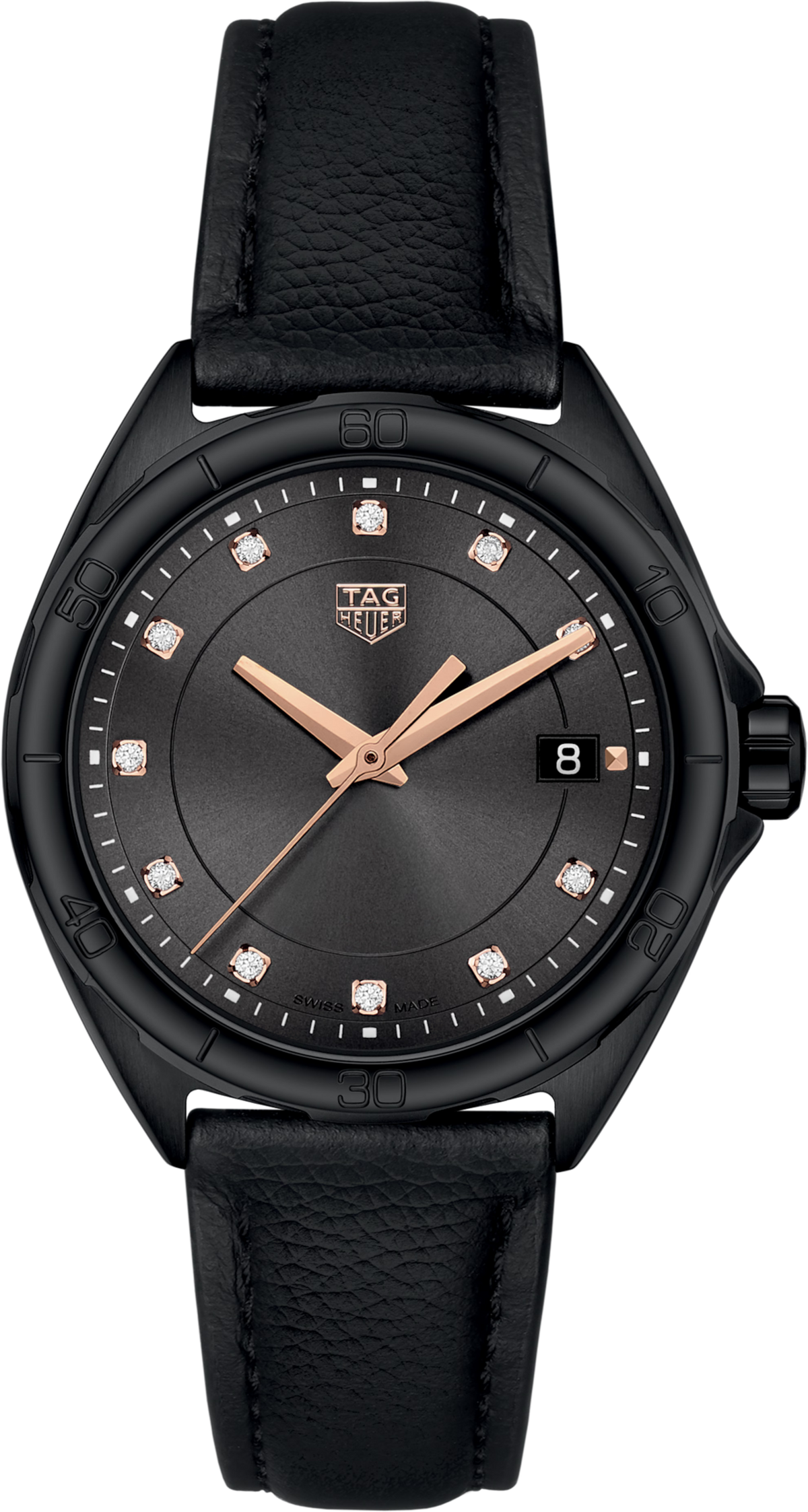 Orologio donna nero TAG Heuer con quadrante nero soleil, 11 diamanti e cinturino in pelle