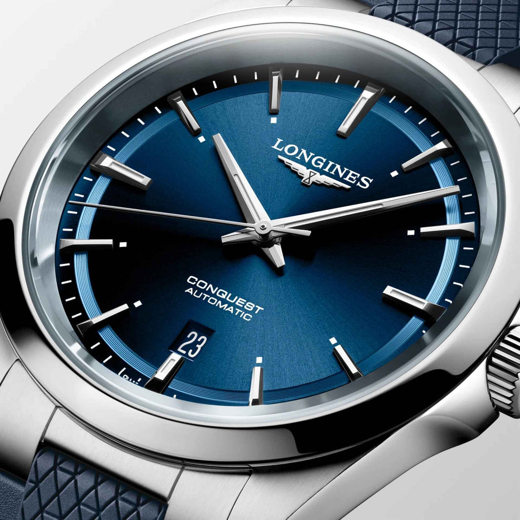 Orologio Longines Conquest blu automatico: quadrante blu con indici e datario