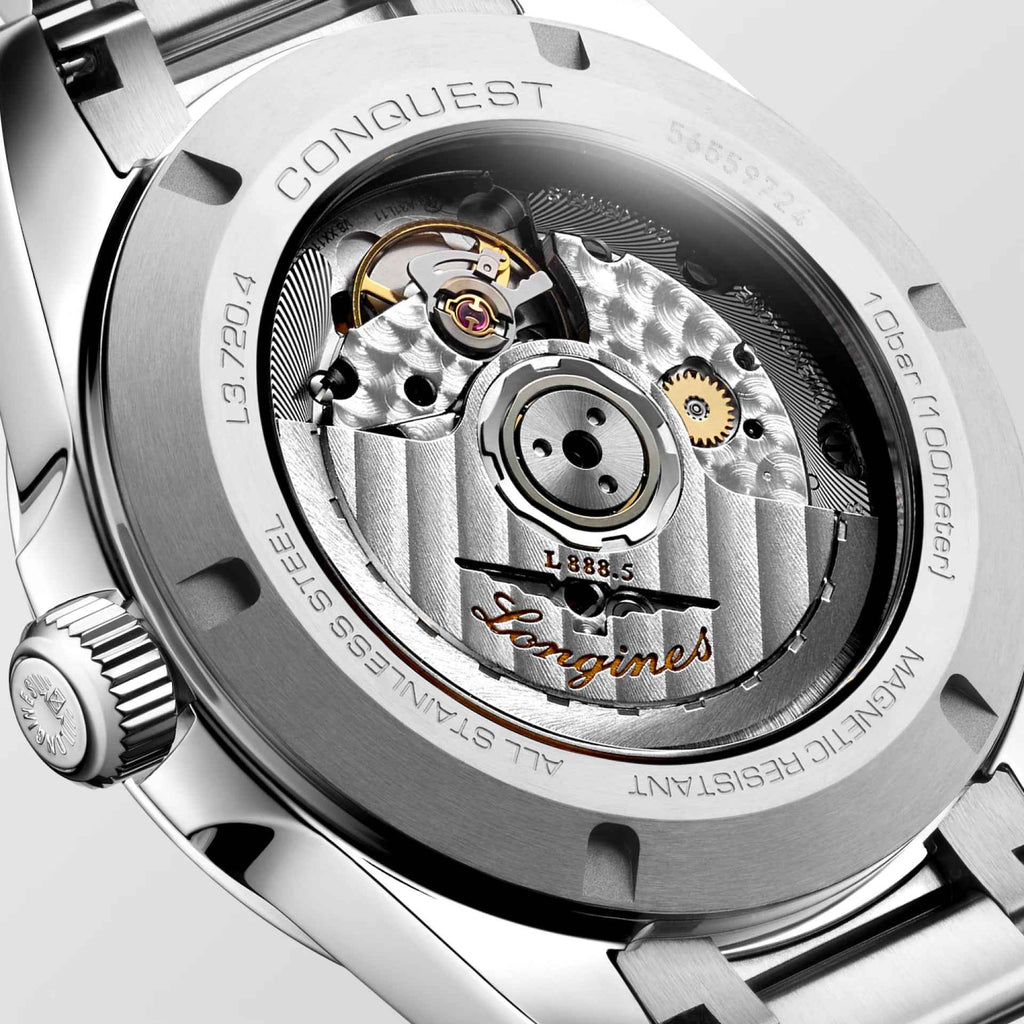 Orologio Longines Conquest con fondello a vista e movimento automatico in acciaio