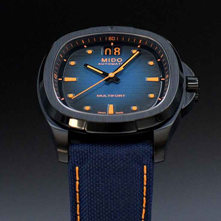 Orologio automatico MIDO con quadrante blu e cinturino blu in tessuto