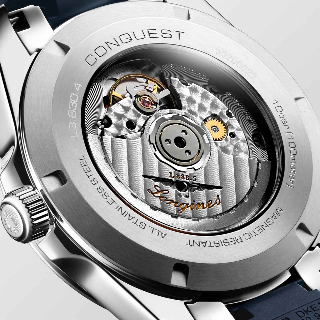 Fondello dell’orologio Longines in acciaio con meccanismo automatico visibile