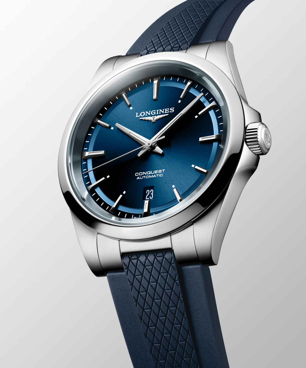 Orologio Longines Conquest 41mm blu automatico in acciaio con corona zigrinata