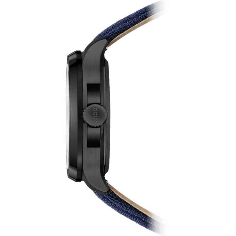 Orologio MIDO vista laterale: cassa nera PVD e corona