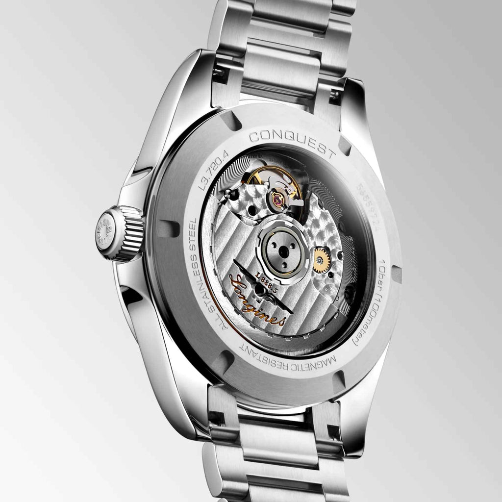 Orologio Longines Conquest con fondello a vista e movimento automatico, cassa argento