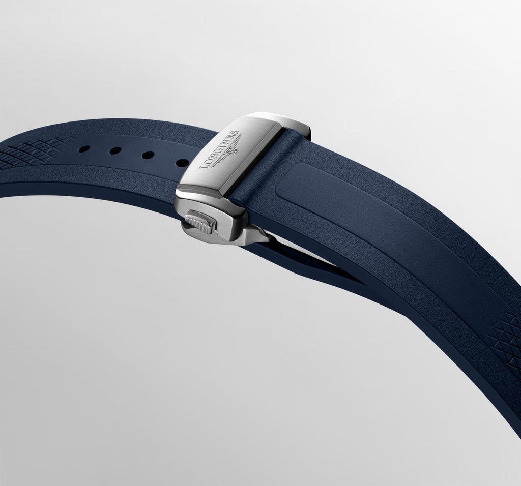 Cinturino blu con fibbia in acciaio dell’orologio Longines Conquest