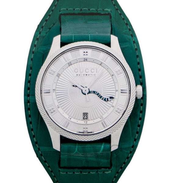 Gucci G-Timeless L Automatic GMT Uomo 40mm Acciaio Quadrante Argento Automatico Calibro ETA 2893-2 Vetro Zaffiro Cinturino Alligatore Verde Data GMT 50m Swiss Made Ref. YA126344