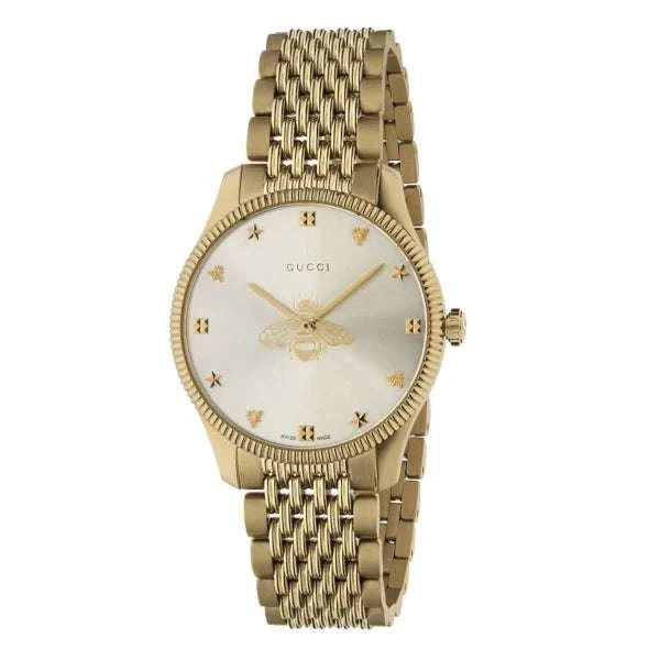 Gucci G-Timeless Donna 36 mm Acciaio PVD Oro Giallo Quadrante Argento Soleil Vetro Zaffiro Movimento Quarzo Swiss Made Bracciale Acciaio Dorato 5 ATM Ref. YA1264155