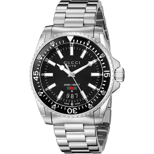 Gucci Dive Uomo 40 mm Acciaio Quadrante Nero Lunetta Girevole Vetro Zaffiro Movimento Quarzo Swiss Made Bracciale Acciaio Data 20 ATM Ref. YA136301