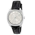 Gucci GG2570 S Diamonds Donna 29mm Acciaio Quadrante Argento Quarzo Vetro Zaffiro 98 Diamanti Cinturino Pelle Nero Data 50m Swiss Made Ref. YA142507