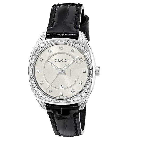 Gucci GG2570 S Diamonds Donna 29mm Acciaio Quadrante Argento Quarzo Vetro Zaffiro 98 Diamanti Cinturino Pelle Nero Data 50m Swiss Made Ref. YA142507