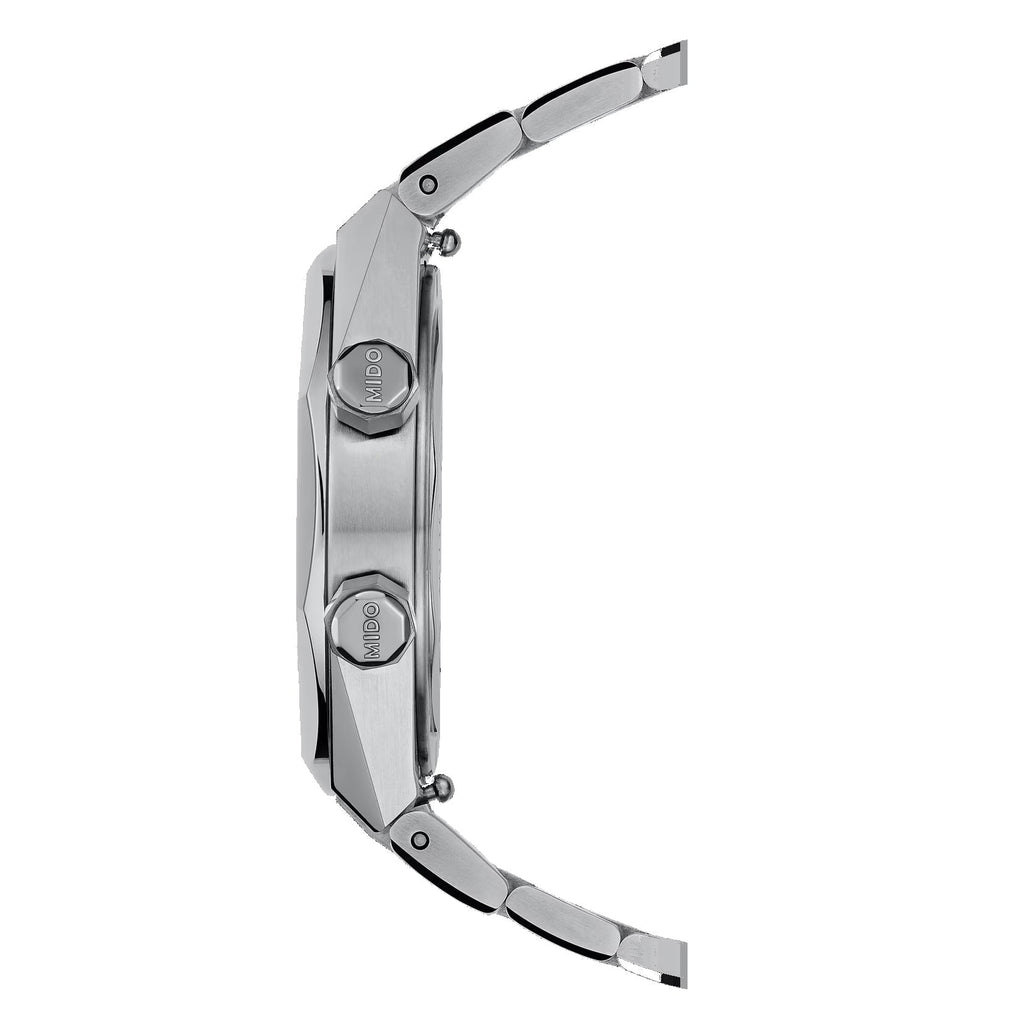 Orologio automatico in acciaio grigio, vista laterale con cinturino a maglie