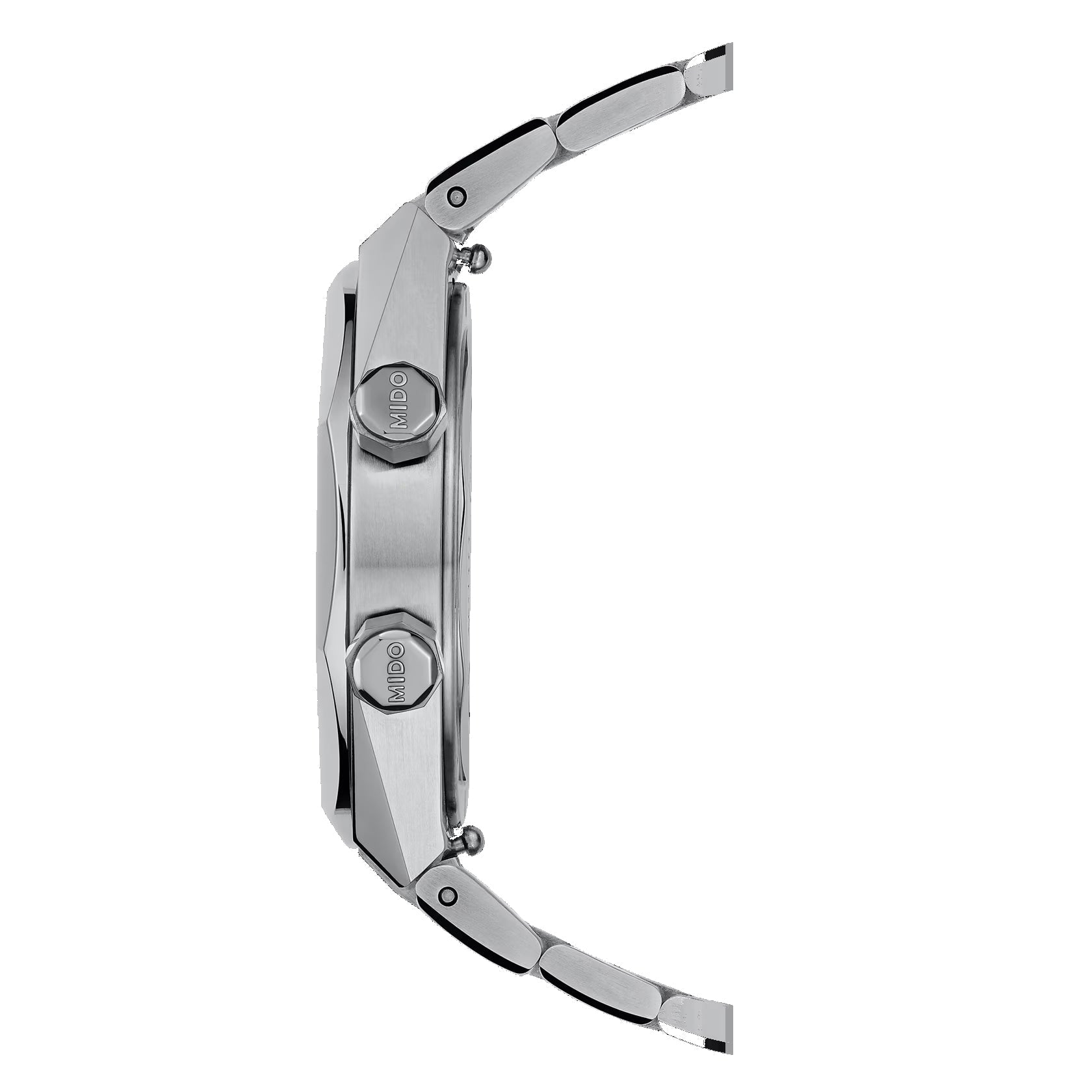 Orologio automatico in acciaio grigio, vista laterale con cinturino a maglie
