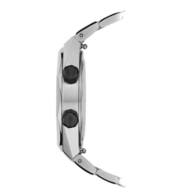 Orologio automatico Mido in acciaio con corona e pulsanti laterali, profilo