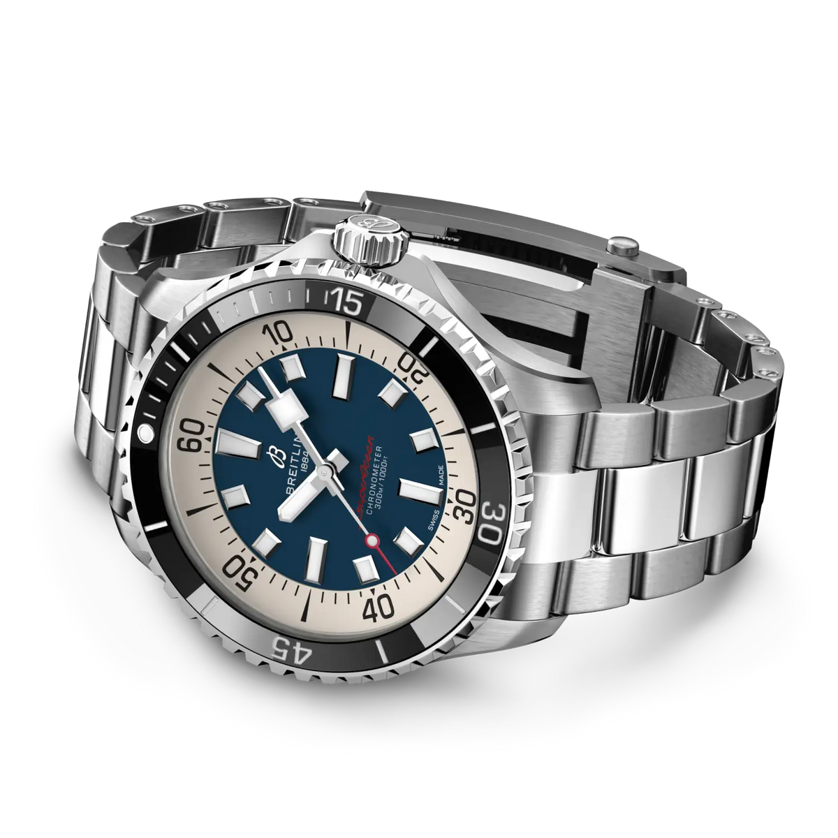 Orologio subacqueo Breitling con quadrante blu, lunetta nera e bracciale in acciaio