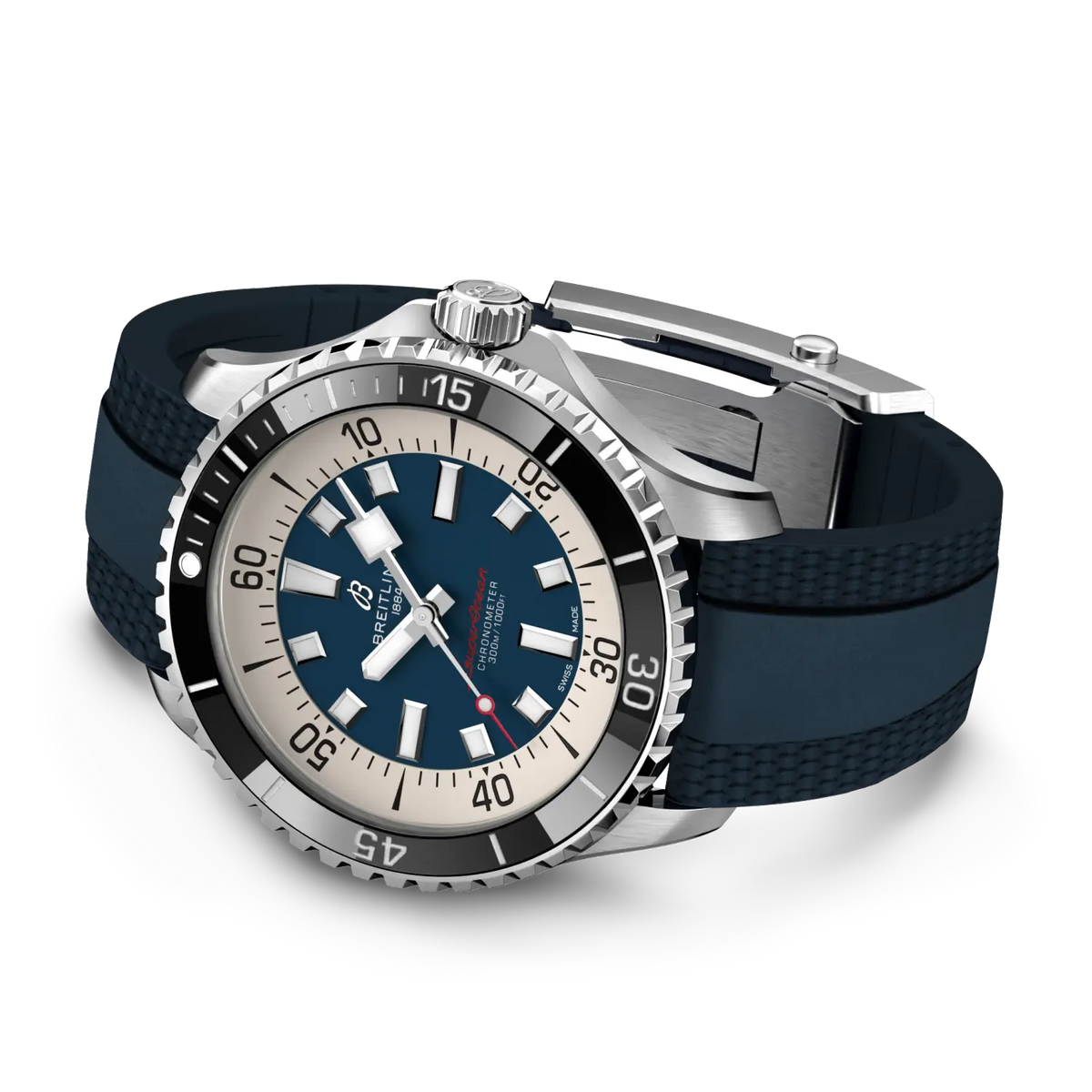 Orologio Breitling subacqueo con corona, quadrante blu e cinturino blu in caucciù