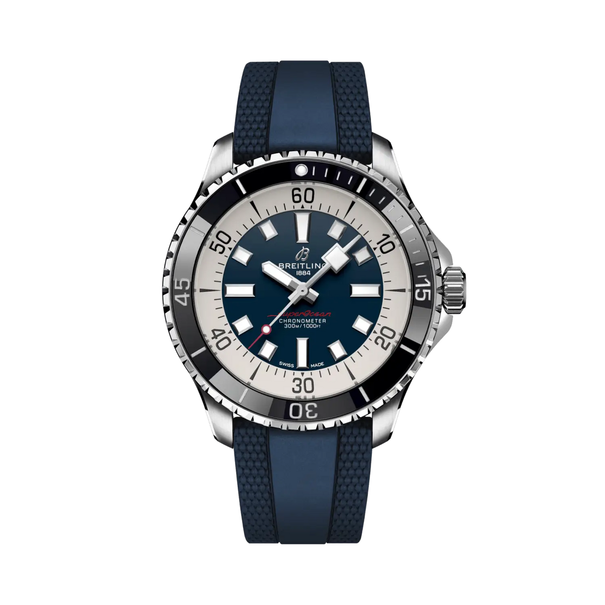 Orologio subacqueo Breitling con quadrante blu, indici bianchi e cinturino blu