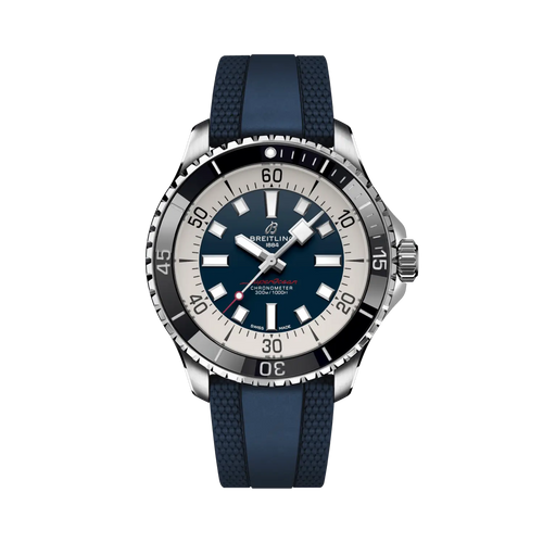 Orologio subacqueo Breitling con quadrante blu, indici bianchi e cinturino blu