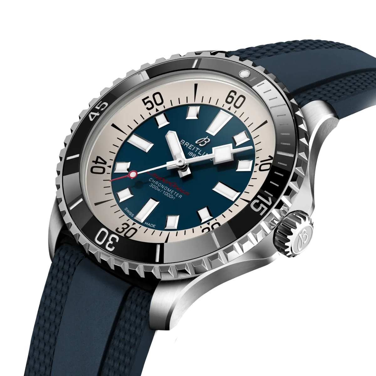 Orologio Breitling con quadrante blu e lancette rosse, lunetta con tacche e cinturino