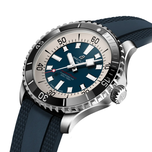 Orologio Breitling con quadrante blu e lancette rosse, lunetta con tacche e cinturino