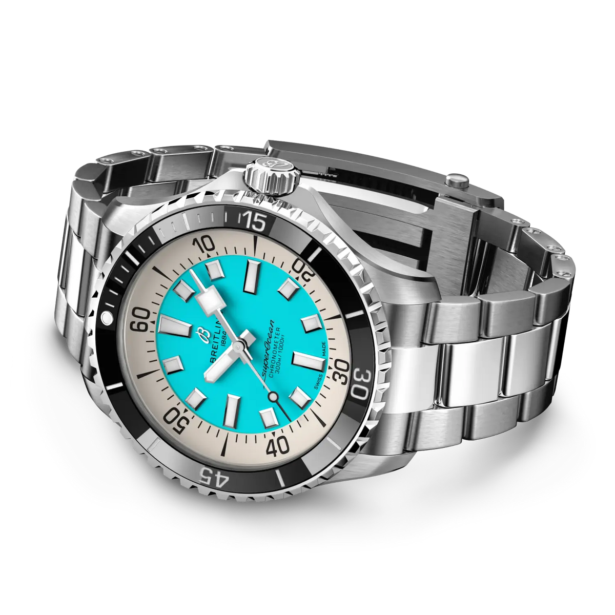 Orologio Breitling subacqueo con quadrante turchese e bracciale in acciaio, lunetta nera