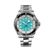 Orologio Breitling Superocean con quadrante turchese e lunetta nera in acciaio