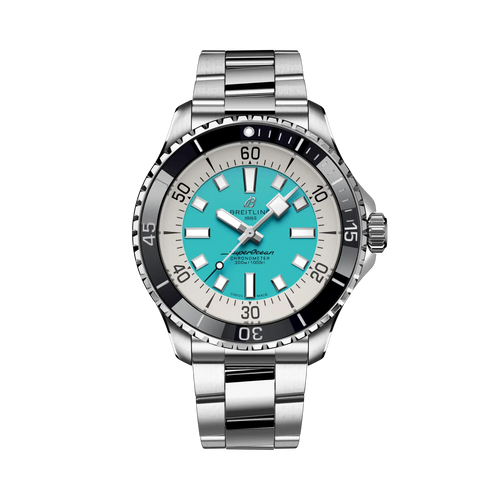 Orologio Breitling Superocean con quadrante turchese e lunetta nera in acciaio