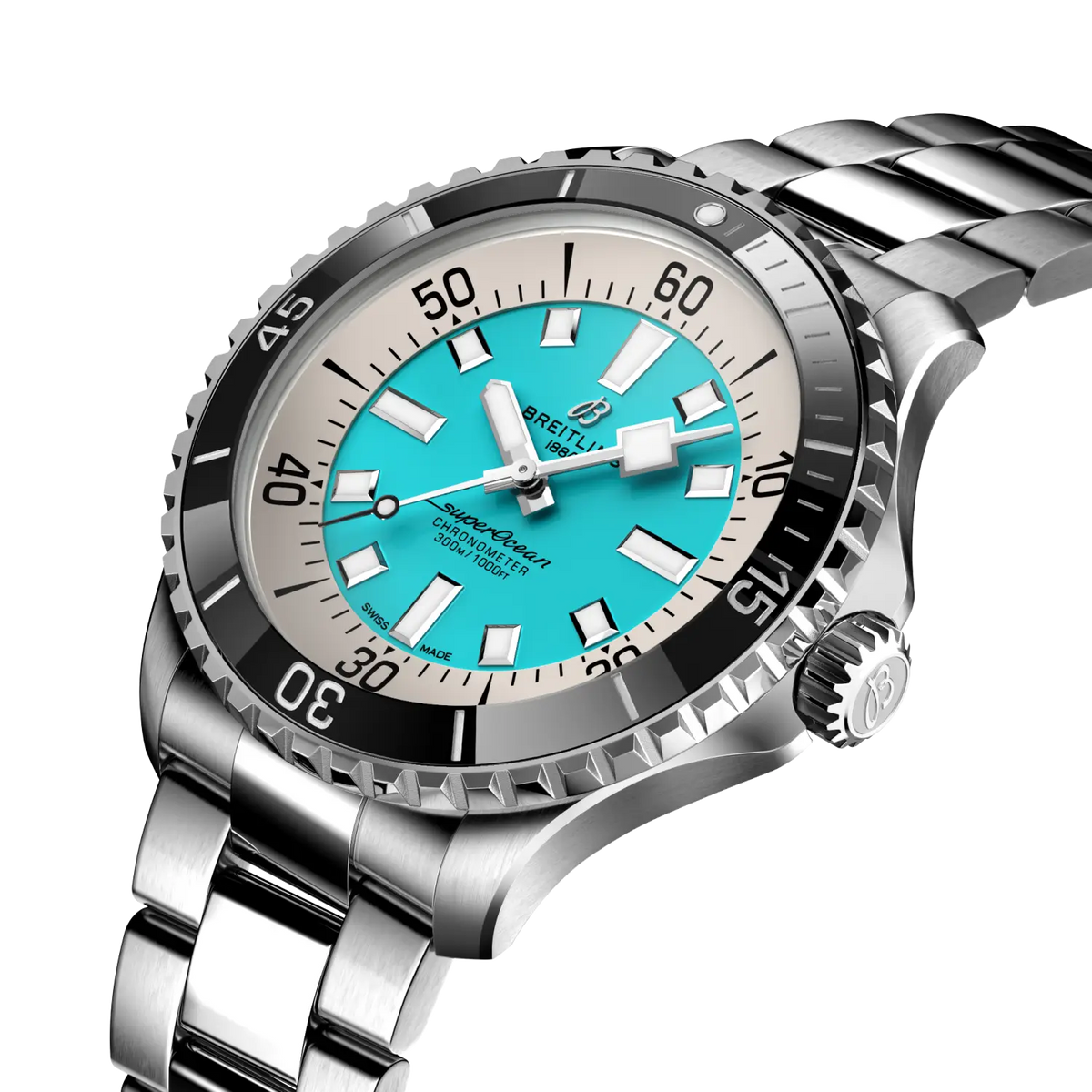 Orologio Breitling Superocean con quadrante turchese e bracciale in acciaio, angolo