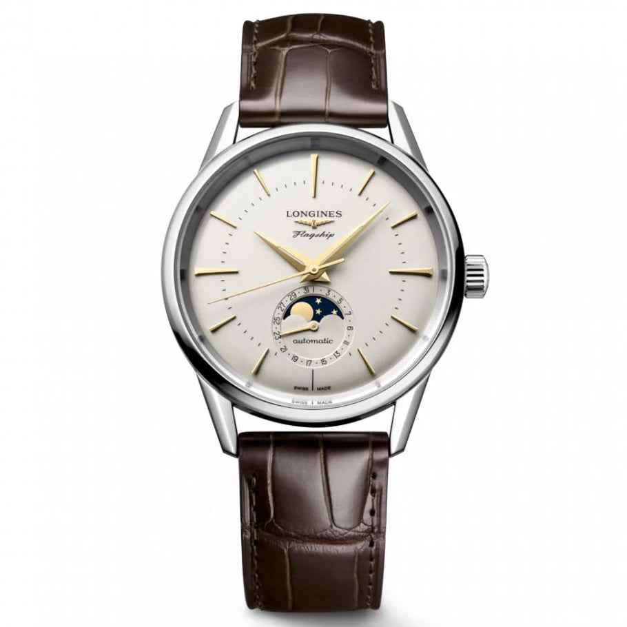 Orologio automatico Flagship Heritage con fasi lunari, quadrante chiaro e cinturino in pelle marrone
