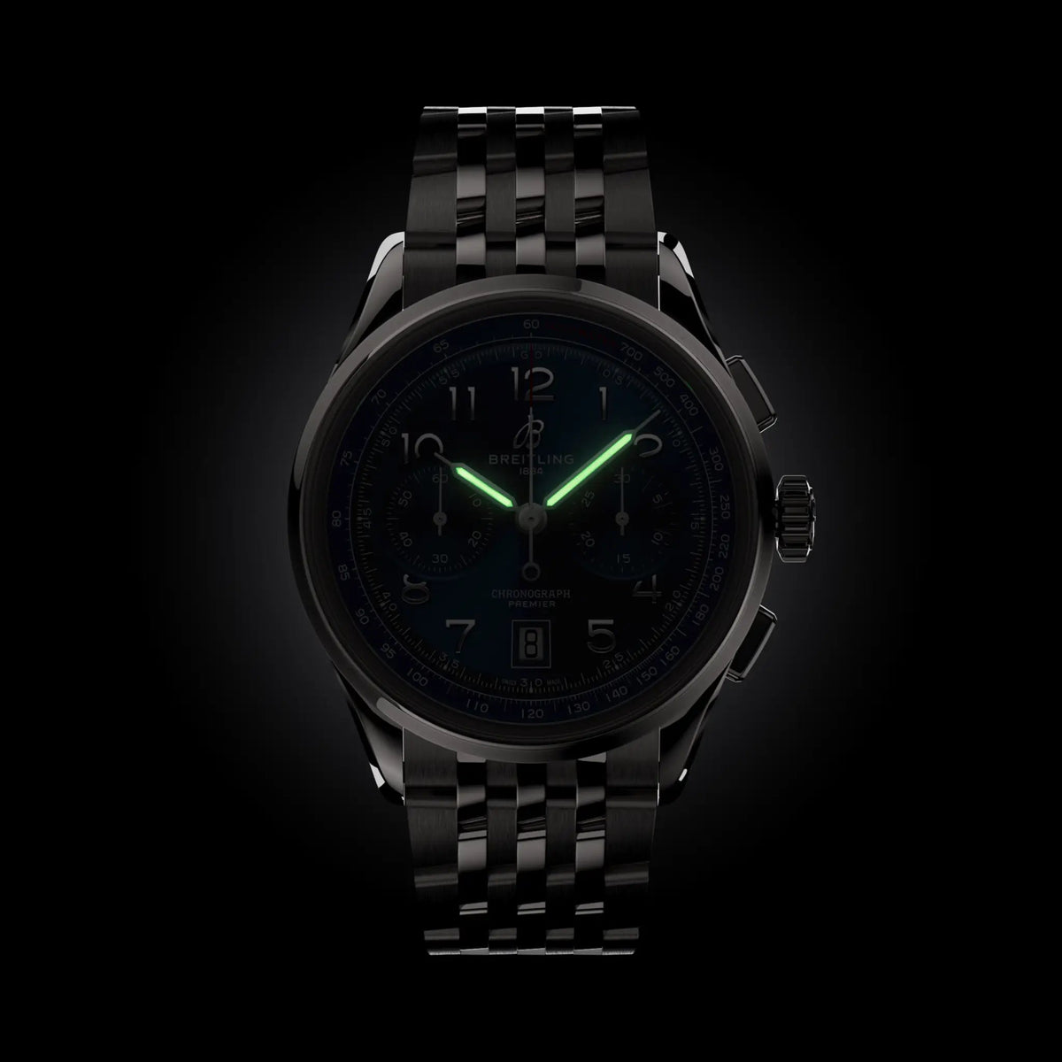 Orologio Breitling Premier B01 con quadrante scuro e bracciale in acciaio scuro