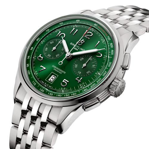 Orologio Breitling Premier B01 42 mm con quadrante verde e cronografi su acciaio