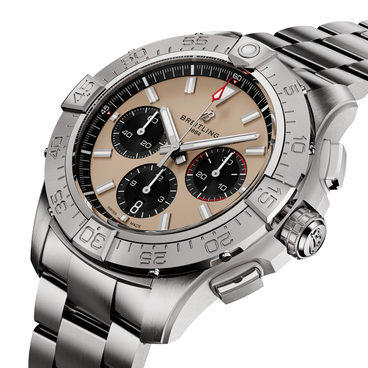 Orologio Breitling Avenger con quadrante sabbia, contatori neri e cassa in acciaio lucido