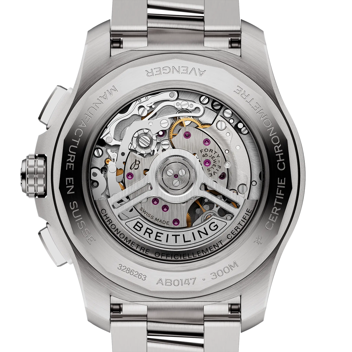 Orologio Breitling con fondello in acciaio a vista, movimento scheletrato e scritte