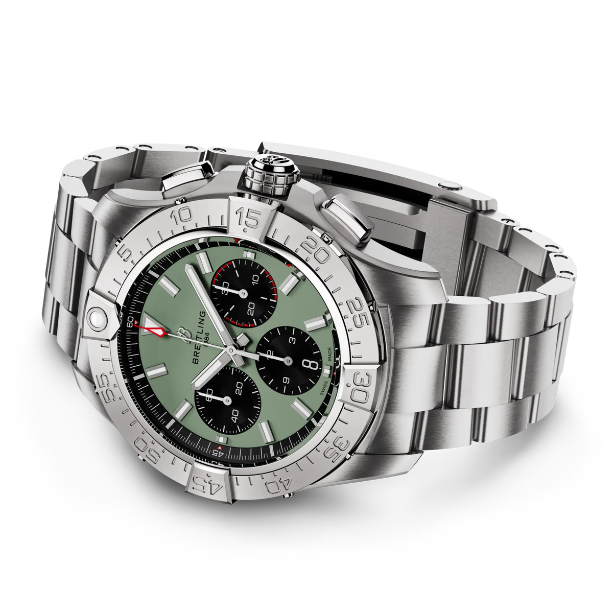 Orologio Breitling con quadrante verde e bracciale in acciaio, vista laterale della cassa