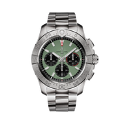Orologio Breitling con quadrante verde e bracciale in acciaio, cronografo con tre contatori