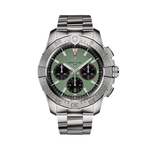 Orologio Breitling con quadrante verde e bracciale in acciaio, cronografo con tre contatori