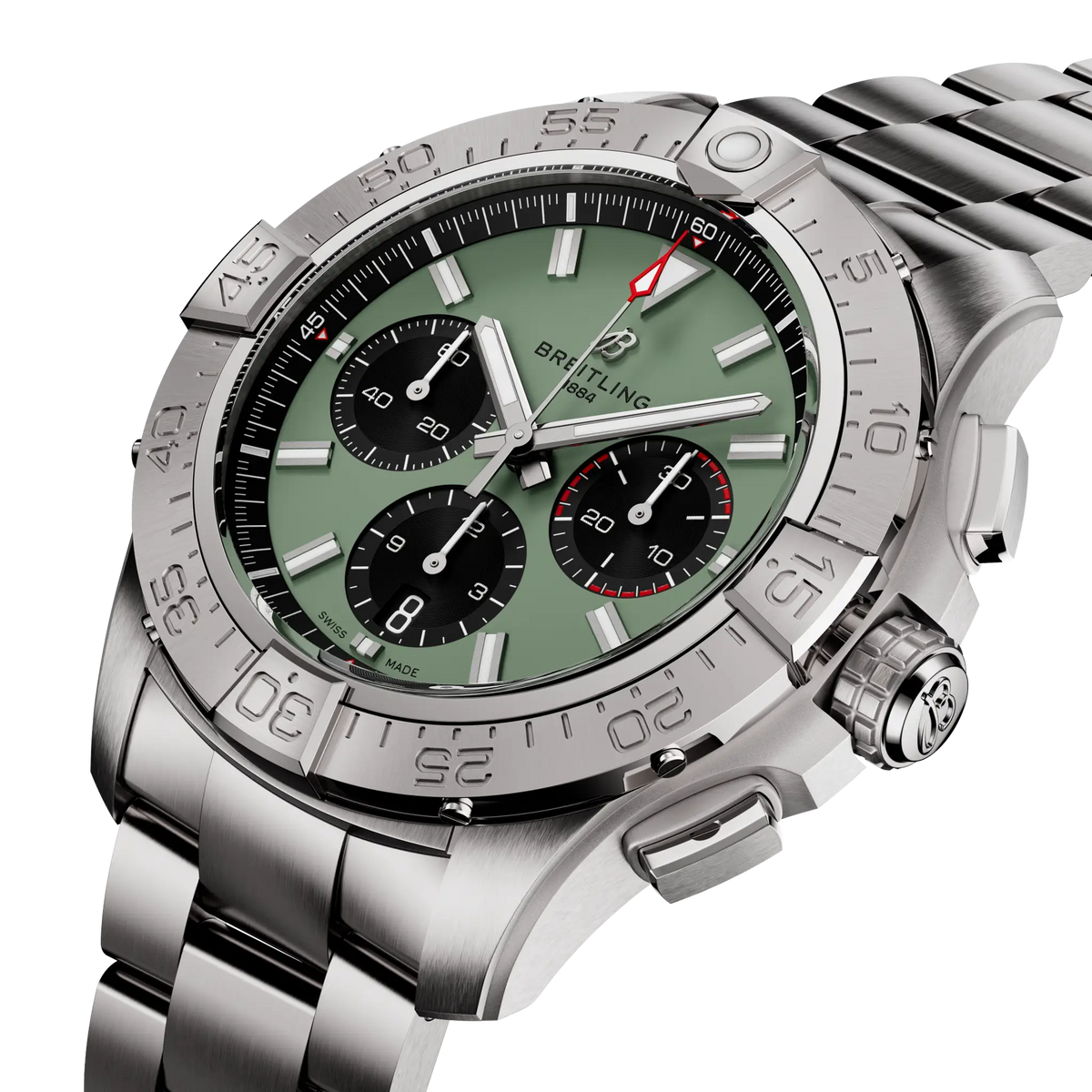 Orologio Breitling cronografo con quadrante verde, cassa e bracciale in acciaio, vista inclinata