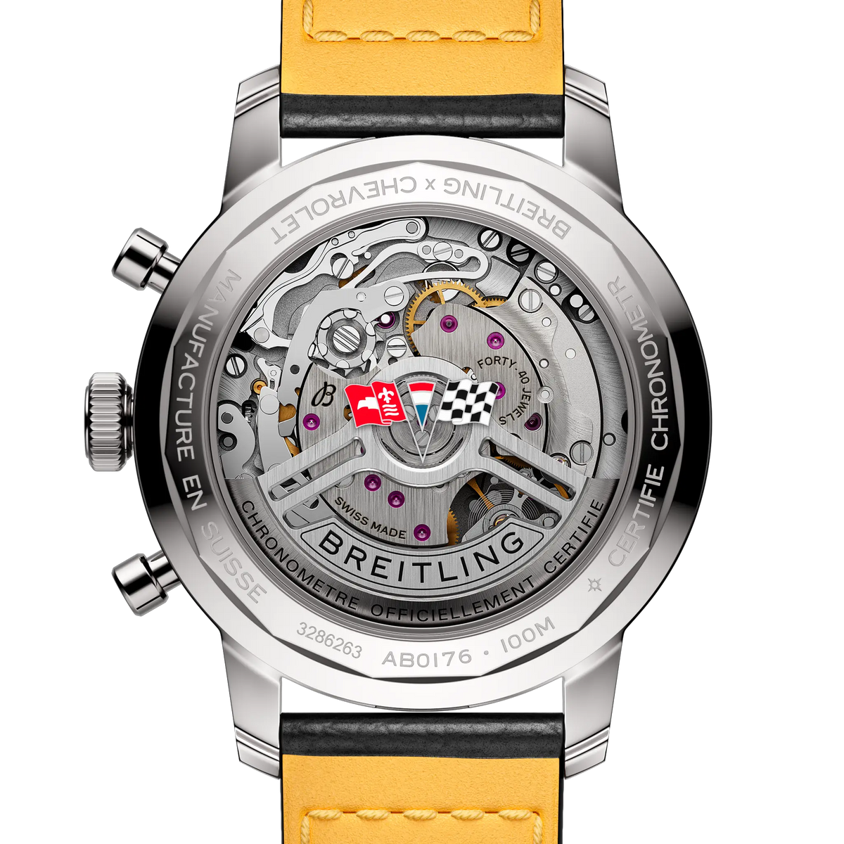 Orologio cronografo con fondello a vista e cinturino in pelle gialla