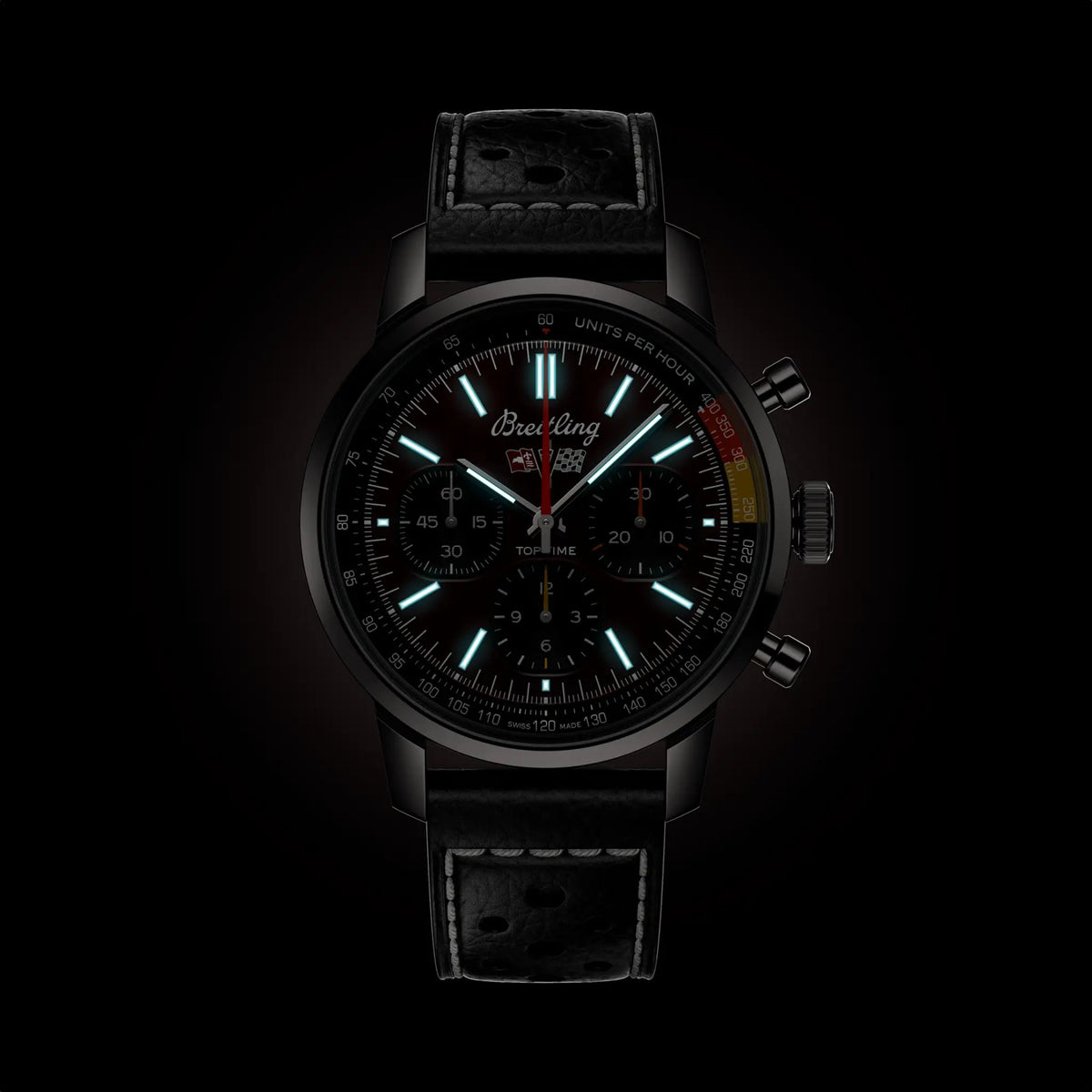 Orologio cronografo con quadrante scuro, indici luminosi e cinturino nero