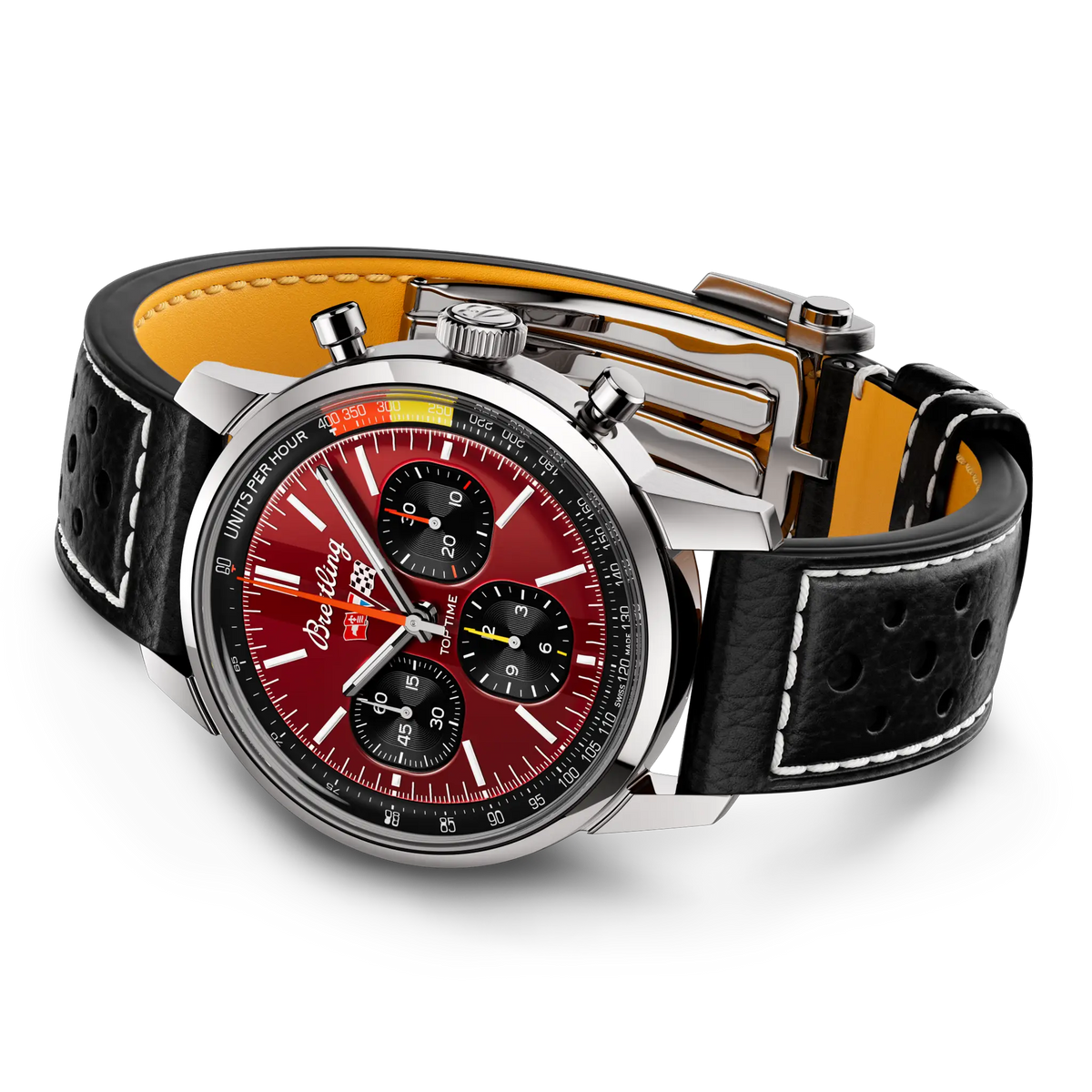 Orologio cronografo con quadrante rosso e dettagli multicolore, cinturino nero