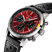 Orologio cronografo con quadrante rosso, subquadranti neri e cassa in acciaio