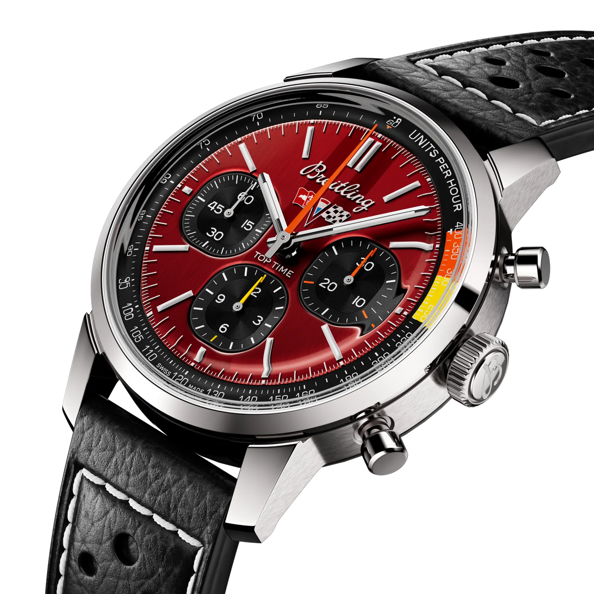 Breitling Top Time B01 Chevrolet Corvette Cronografo Automatico 41 mm Acciaio Quadrante Rosso Calibro B01 COSC Pelle Racing Nera Ref. AB01761A1K1X1